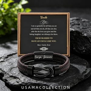 May include: A dark brown braided leather bracelet with a black metal infinity knot centerpiece and a magnetic clasp engraved with the words Love you forever, presented in a box with a card featuring the text Uncle and a message of gratitude.