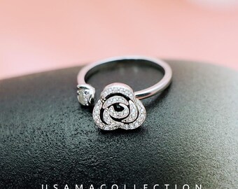 S925 Sterling Silver Rotating Ring, Open Ring with a Rotatable Rose Flower Pandora Style
