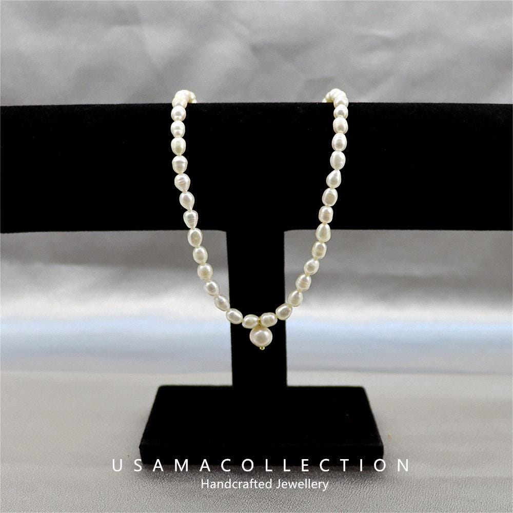 14K Gold Rice Pearl Necklace, Freshwater Pearl Pendant Necklace