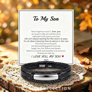 May include: A black braided leather bracelet with a silver-toned metal centre bar, positioned in front of a white card featuring the text To My Son, followed by an inspirational message and the closing phrase I LOVE YOU, MY SON with a red heart.