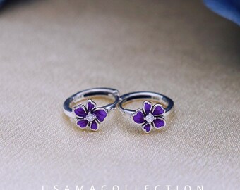 Pendientes de plata de ley 925 con diseño de flor fresca, pendientes de pétalos de circonita con efecto gota de aceite y degradado morado, estilo Pandora.