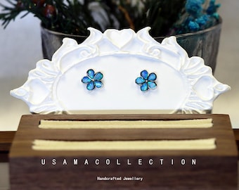 S925 Sterling Silver Flower Earrings Blue Opal Flower Stud Earrings Blue Fire Opal Flower Earrings Gift for her