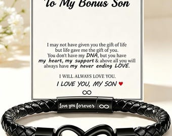 To My Bonus Son Personalized Infinity Leather Bracelet, Custom Engraved Braided Leather Wristband with Message Card, Stepson Appreciation