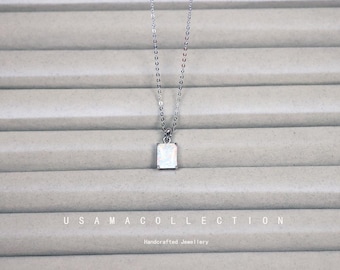 Square Fire Opal Pendant Rectangle White Opal Sterling Silver Necklace Sterling Silver Necklace Opal Necklace Minimalist Jewelry