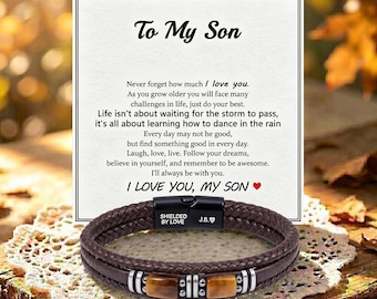 To My Son, Personalized Tiger Eye Bead Bracelet with Engraved Magnetic Clasp, Meaningful Gift from Mom or Dad