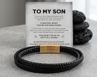 To My Son Personalized Magnetic Leather Bracelet, Custom Engraved Gold Clasp Bracelet for Men