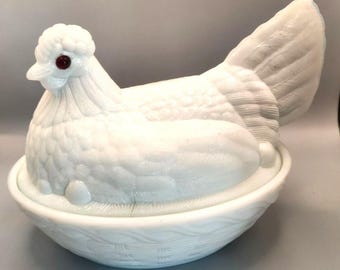 Large Detailed Hen On Nest Old Milk Glass 1800s Thomas B Atterbury 9&quot; Split Tail Red Glass Eyes