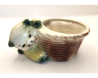 Kitten with Basket Planter Cat Planter Ceramic Planter Green Cat Succulent Planter Vintage 1950s
