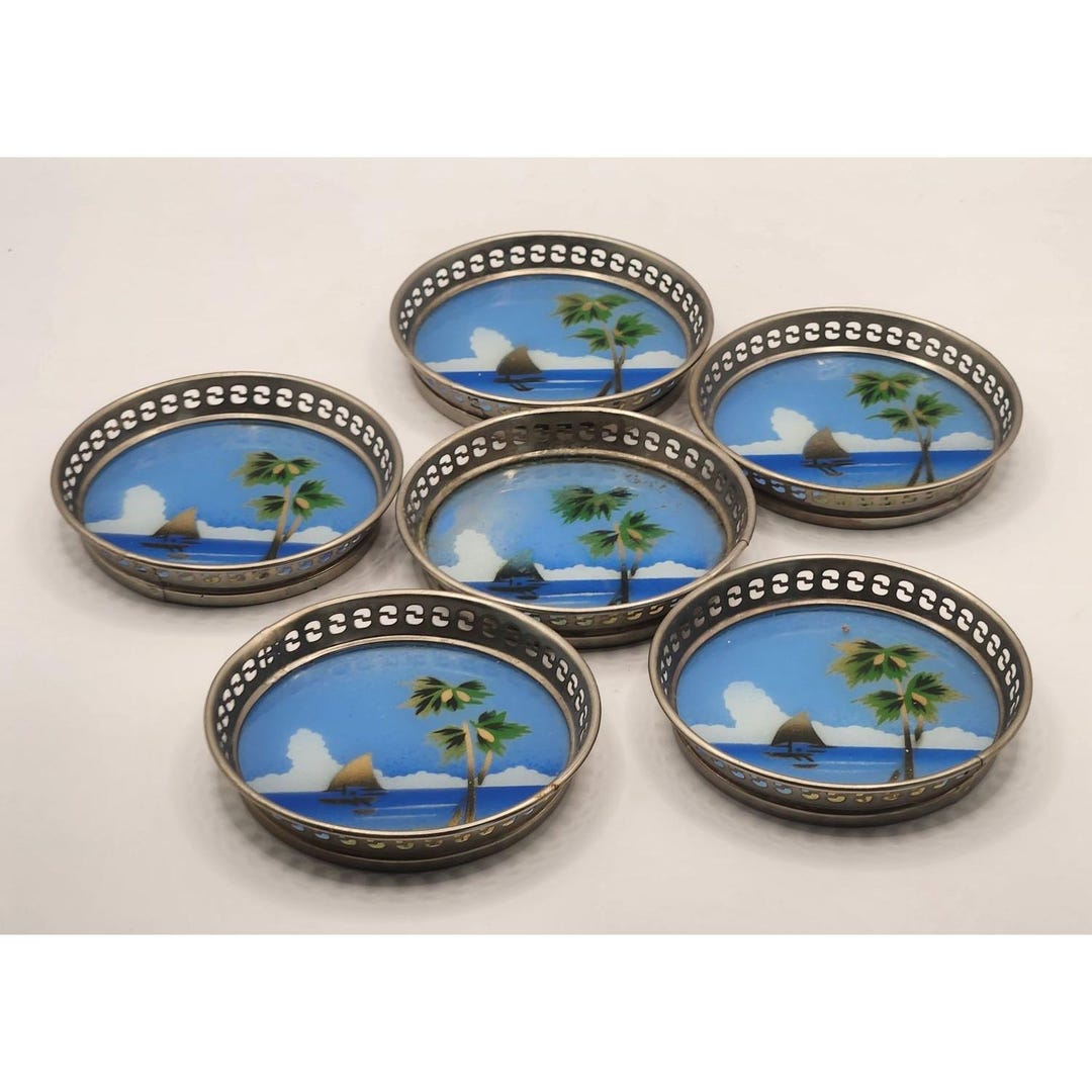 6 Japanese Reverse Painted Glass Coasters - Etsy