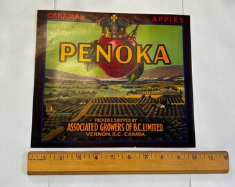 Vintage Penoka Brand Canadian Apples Crate Label: Vernon BC Orchard Landscape Ephemera
