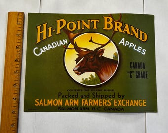 Vintage Hi-Point Canadian Apples Crate Label, Deer Illustration, Salmon Arm BC
