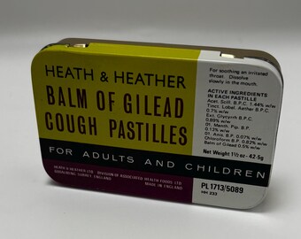 Caja metálica de almacenamiento para pastillas para la tos Heath & Heather Balm of Gilead de la década de 1970, fabricada en Inglaterra.