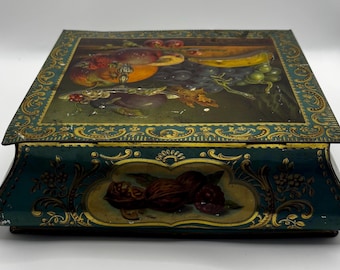Vintage Fruit Still Life Biscuit Tin – Ornate Teal Gold Metal Box – Kitchen Decor