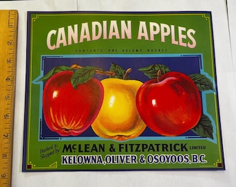 Vintage Canadian Apples Crate Label – Kelowna Oliver Osoyoos BC 1940s Lithograph Graphic Art