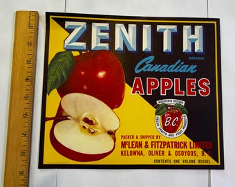 Vintage Zenith Canadian Apples Crate Label – Kelowna BC 1940s Lithograph Graphic Art