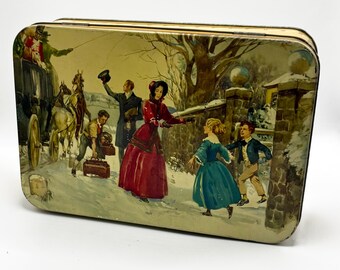 Vintage English Toffee Tin Box Scenic Lid Yellow Metal Storage Tin Made in England