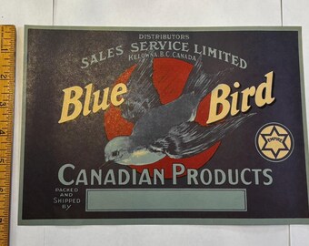 Vintage Blue Bird Canadian Products Crate Label, Kelowna BC Lithograph (1940s-1950s)