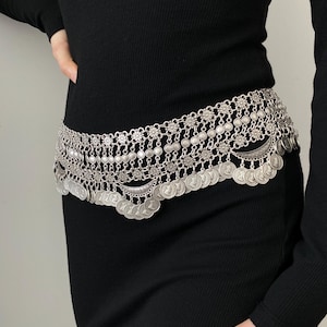 Boho Chic Coin Belt,Handcrafted Boho Silver Coin Belt – Festival, Belly Dance, and Bridal Accessory, Metal Silver Belt,