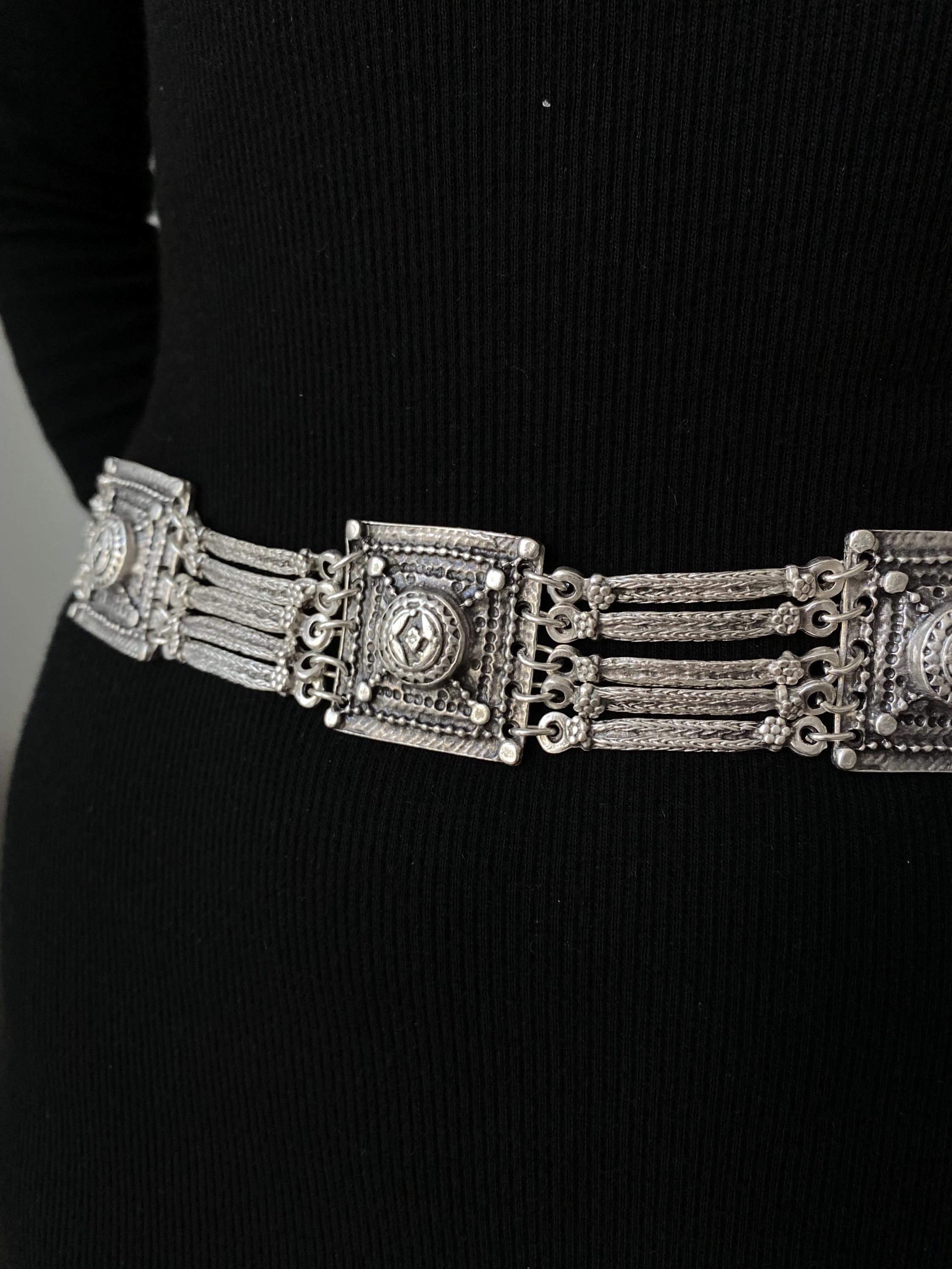 Boho Vintage Silver Metal Waist Belt, Ethnic Statement 