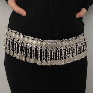 Handmade Silver Coin Belt,Boho Vintage Ethnic Waist Accessory,Adjustable coin Belt, Metal Festival Belt for Woman