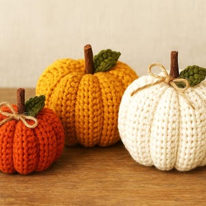 May include: Three handmade crochet pumpkins in orange, yellow, and cream. Each pumpkin has a brown stem and a green leaf. The orange and cream pumpkins are decorated with a twine bow. The pumpkins are displayed on a wooden surface.