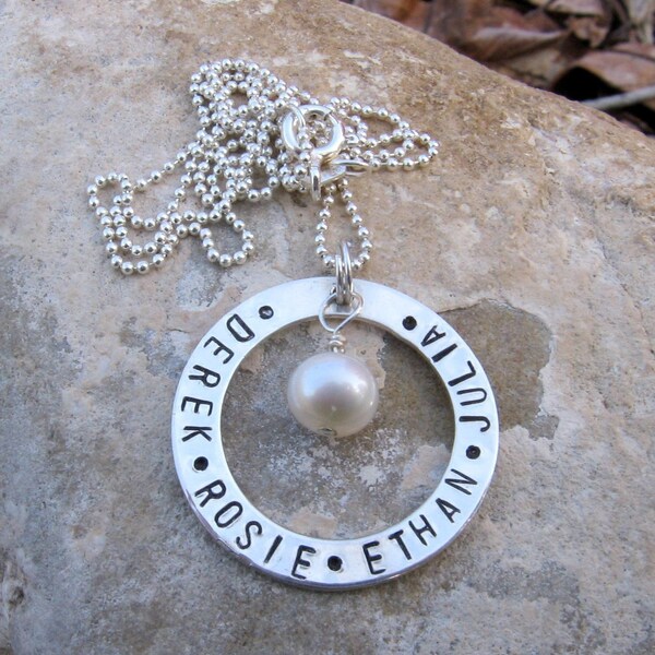 Family Circle Necklace, personalized and hand stamped mommy, family, name necklace, sterling silver with pearl accent Custom