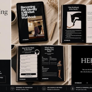 Könnte beinhalten: Ein digitales Arbeitsbuch mit dem Titel "Becoming Her, Identity & Mindset Shift Workbook" mit schwarzem Einband und weißem Text. Das Arbeitsbuch enthält Journal-Einträge und Denkansätze. Das Bild zeigt auch ein Tablet, einen Stift und offene Seiten.