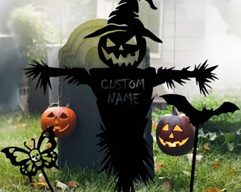 Custom Halloween Metal Garden Stakes, Personalized Scarecrow Bat Butterfly Yard Decor, Outdoor Halloween Decoration, Spooky Garden Art