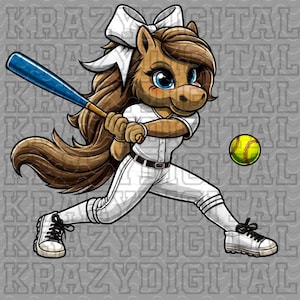 May include: A cartoon horse wearing a white baseball uniform with a brown ponytail and a white bow, holding a blue baseball bat and facing right. A yellow softball is in the background.