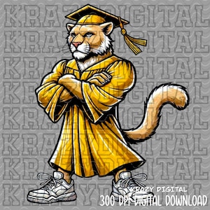 Cougar Yellow Senior PNG, Cougar Graduation PNG, Custom Mascot Seniors, Boy Cougar Mascot DTF, Yellow Graduation Kindergarten School Mascot