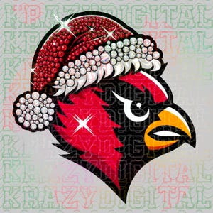 May include: A digital graphic of a bird's head wearing a Santa hat. The hat is red with white trim and is adorned with sparkling gems. The bird's head is black and red with a yellow beak and white eye.