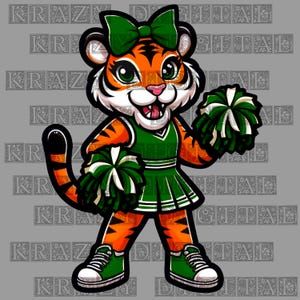 May include: A cartoon tiger wearing a green and white cheerleader uniform with a green bow in its hair. The tiger is holding two white and green pom-poms.