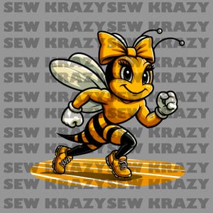 May include: A cartoon bee with a yellow and black striped body and a yellow bow is running on a yellow track. The bee has a smiling face and large, black eyes.