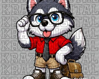 Husky Back To School, Red Shirt Dog Academics PNG, Student Digital, Studious Design, Glasses Smart Nerdy Guy, Boys Dog School Artwork