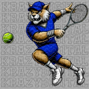 ワイルドキャット テニス ブルー PNG、ボブキャット スクール マスコット デザイン、クーガー ボーイ スクール スピリット、ブルー チーム スポーツ スピリット、クールなワイルドキャット デジタル チーム スポーツ