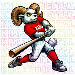 May include: A cartoon ram wearing a red baseball jersey with "RAMS" written on it, white pants, and black shoes. The ram is holding a wooden baseball bat and is in a batting stance. A baseball is in the air behind the ram.