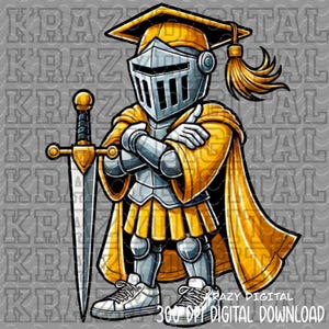 May include: A cartoon illustration of a knight wearing a graduation cap and gown, holding a sword. The knight is wearing a silver helmet and armor, and the gown is yellow. The knight is standing on a gray background.