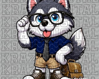 Husky Back To School, Navy Shirt Dog Academics PNG, Student Digital, Studious Design, Glasses Smart Nerdy Guy, Boys Dog School Artwork