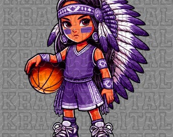Purple Gold Indian Maiden Basketball Girl Mascot PNG, Indian Girl Mascot PNG, Tough Girl Indian Mascot Design, Lady Warrior Basketball Art