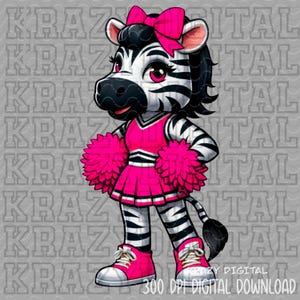 May include: A cartoon zebra cheerleader in a pink uniform with a matching bow and pom-poms. The zebra has black and white stripes and is wearing pink sneakers. The background has the text "KRAZY DIGITAL" repeated.