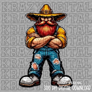 May include: Digital illustration of a muscular farmer with a large red beard, wearing a straw hat, yellow shirt, and blue overalls with ripped knees. The image includes the text "KRAZY DIGITAL" and "300 DPI DIGITAL DOWNLOAD".