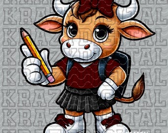 Brahma Back to School Scholastics, Maroon Bull Academics Mascot PNG, Student Council Digital, Steer Studious Girl Design, Steer Heifer PNG