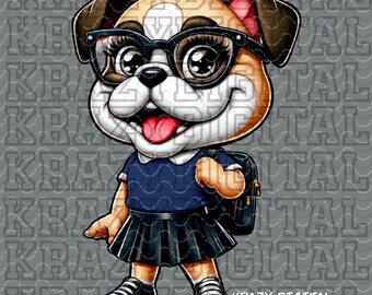 Bulldog Back To School, Navy Dress Bulldog Academics PNG, Student Digital, Studious Bulldog Design, Glasses Smart Nerdy Girl, Back to School