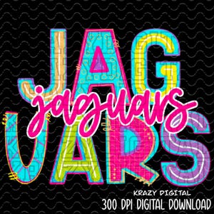 May include: A colorful graphic design featuring the word "Jaguars" with a bright pink, yellow, blue, and green color scheme. The letters are outlined in white and have a variety of patterns and textures.