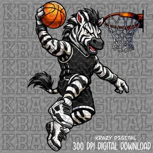 Puede incluir: Ilustración digital de una cebra jugando al baloncesto. La cebra lleva un uniforme y zapatillas de baloncesto en blanco y negro, sosteniendo un balón naranja y a punto de hacer un mate. El fondo es gris con el texto "KRAZY DIGITAL" y "300 DPI DIGITAL DOWNLOAD".