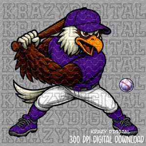 May include: A cartoon eagle in a baseball uniform, swinging a bat. The eagle is wearing a purple cap, jersey, and shoes, with white trousers. A baseball is in the air. Text at the bottom reads "KRAZY DIGITAL 300 DPI DIGITAL DOWNLOAD."