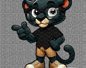 Panther Scholastics, Black Panther Academics PNG, Student Digital, Studious Panther Design, Black Smart Nerdy Guy Glasses Back to School Art