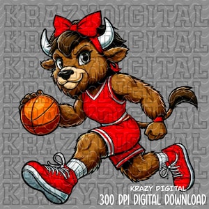Puede incluir: Ilustración de dibujos animados de un toro marrón con uniforme de baloncesto rojo, diadema y lazo, botando una pelota de baloncesto naranja. El toro lleva zapatillas rojas y calcetines blancos. El texto en la parte inferior dice "KRAZY DIGITAL 300 DPI DIGITAL DOWNLOAD."