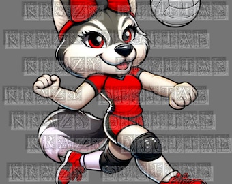 Husky rode volleybalmascotte png, ontwerp huskymascotte meisje, huskymascottebestand, rode huskymeisje spike, volleybalmascotte, png