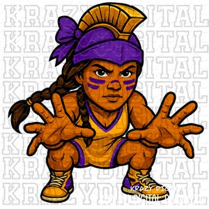 Maskotka zapaśnicza Lady Warrior Purple PNG, Indyjska dziewczyna o silnym duchu, Gotowa pozycja kucania, Plik cyfrowy, Mała siostra Trojan Spirit PNG